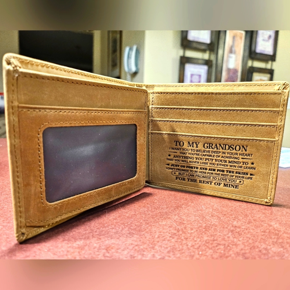 “Grandson” Engraved Soft Suede Leather Bi-fold Wallet